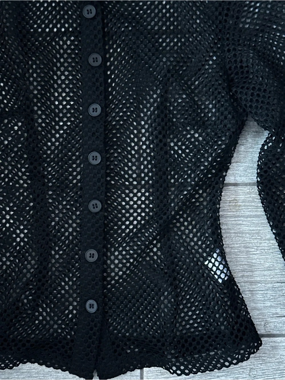 Princess Polly Black Open Knit Mesh Button-Down Long Sleeve Top